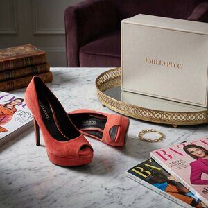 Emilio Pucci suede Open Toe Heels size 38 red coral color